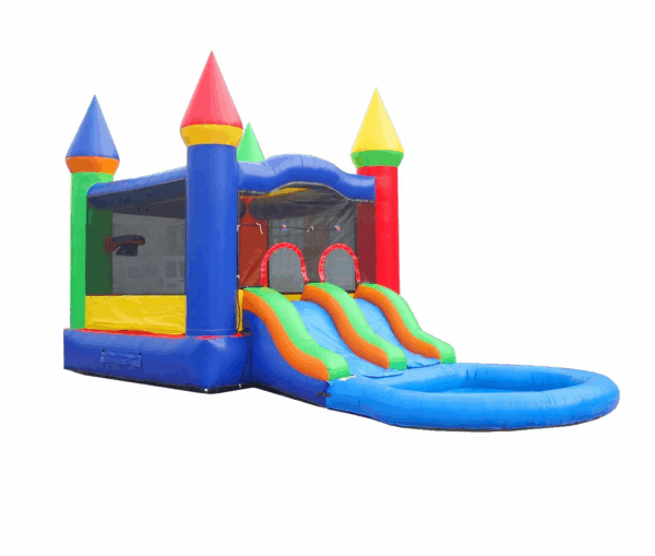 Colorful Rainbow Dual Lane Bounce House Slide with Pool